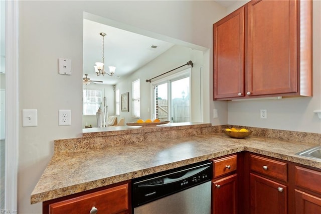 kitchen with decorative light fixtures, light countertops, stainless steel dishwasher, an inviting chandelier, and a peninsula