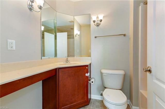 full bath featuring baseboards, vanity, toilet, and tile patterned floors