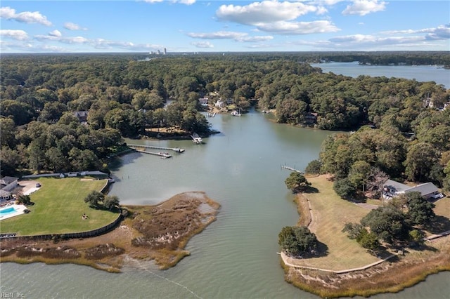 drone / aerial view featuring a forest view and a water view