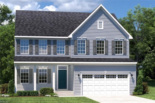 traditional-style house featuring driveway, roof with shingles, and an attached garage