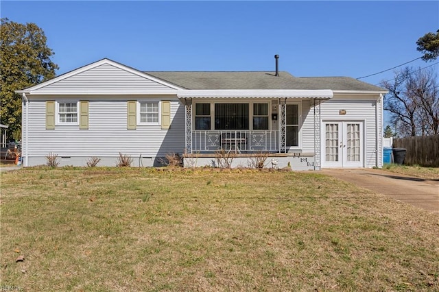 single story home featuring a porch, fence, french doors, crawl space, and a front lawn