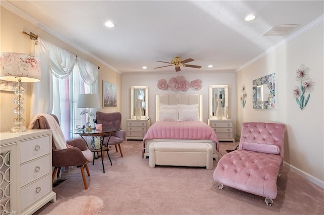 bedroom with recessed lighting, light colored carpet, crown molding, and visible vents