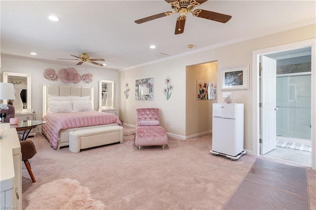 bedroom featuring recessed lighting, ornamental molding, light colored carpet, and freestanding refrigerator