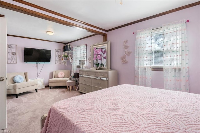 bedroom with carpet floors and crown molding