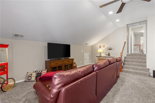 carpeted living area featuring baseboards, visible vents, a ceiling fan, lofted ceiling, and recessed lighting