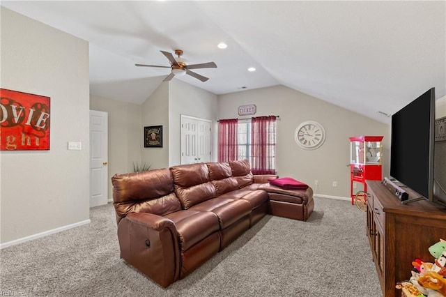 living area with carpet floors, ceiling fan, baseboards, and vaulted ceiling