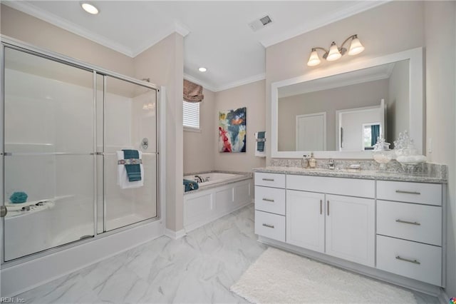 bathroom with marble finish floor, a garden tub, crown molding, visible vents, and a shower stall