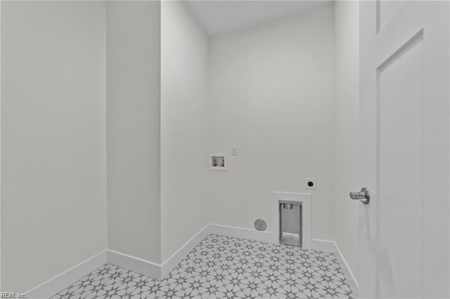 washroom with washer hookup, light floors, electric dryer hookup, laundry area, and baseboards