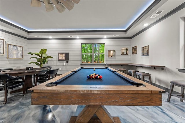 rec room featuring ceiling fan, pool table, a tray ceiling, and visible vents