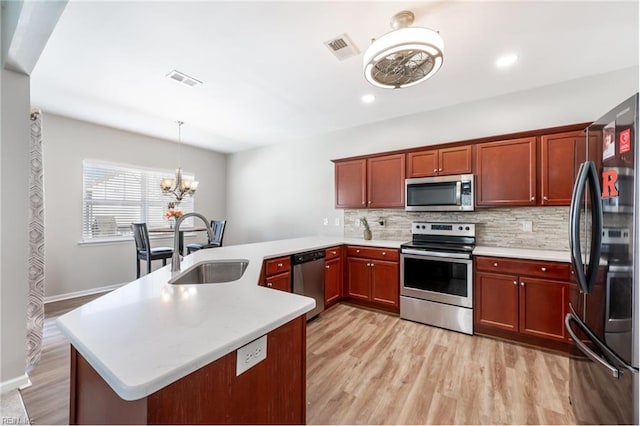 kitchen with light countertops, visible vents, decorative backsplash, appliances with stainless steel finishes, and a sink