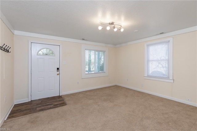 foyer featuring carpet floors, visible vents, and baseboards