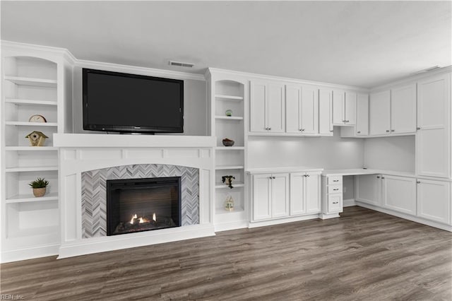 unfurnished living room with dark wood-style floors, a warm lit fireplace, and visible vents