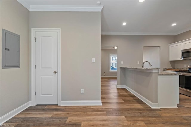 kitchen with appliances with stainless steel finishes, wood finished floors, electric panel, and crown molding