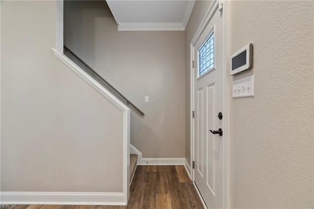 foyer featuring baseboards, ornamental molding, and wood finished floors