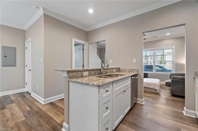 kitchen featuring light stone counters, a sink, white cabinetry, electric panel, and dishwasher