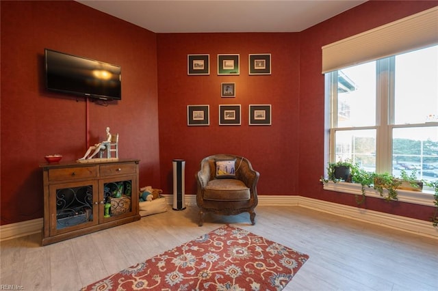 living area featuring baseboards and wood finished floors