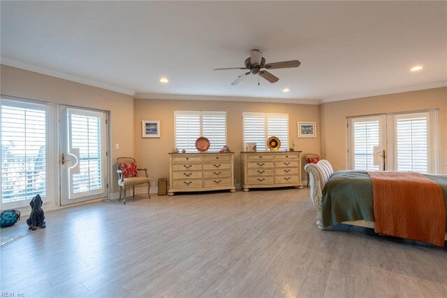 bedroom featuring access to outside, ornamental molding, light wood-type flooring, and recessed lighting