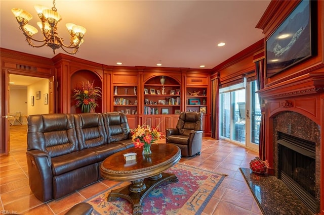 living area with light tile patterned floors, a high end fireplace, ornamental molding, an inviting chandelier, and recessed lighting