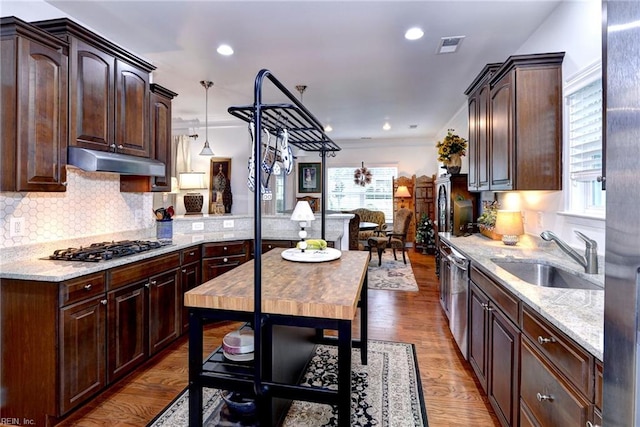 kitchen featuring under cabinet range hood, stainless steel appliances, wood finished floors, a sink, and tasteful backsplash