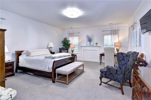 carpeted bedroom with ornamental molding