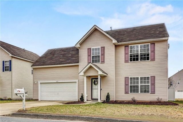 traditional-style home with a garage, a front yard, driveway, and a shingled roof