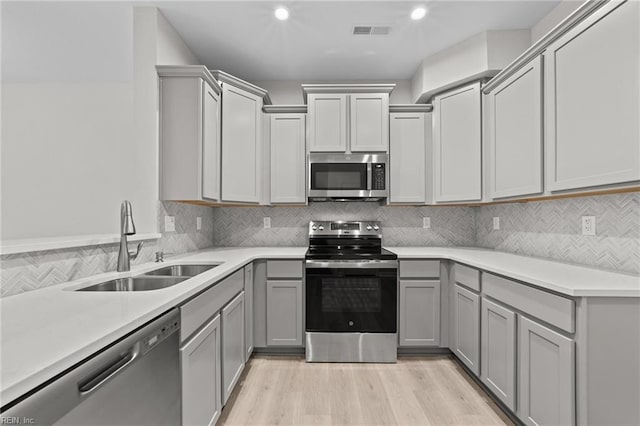 kitchen with appliances with stainless steel finishes, a sink, visible vents, and gray cabinetry