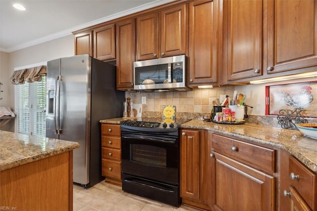 kitchen with stainless steel appliances, brown cabinets, and ornamental molding