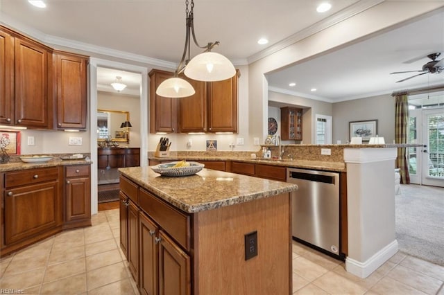 kitchen featuring a sink, ornamental molding, stainless steel dishwasher, brown cabinets, and a center island