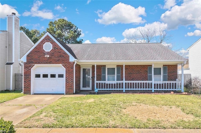 ranch-style home featuring brick siding, a porch, concrete driveway, an attached garage, and a front yard