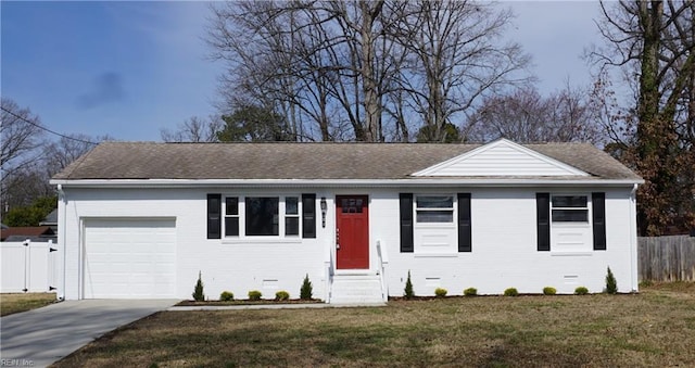 single story home with brick siding, crawl space, an attached garage, fence, and a front yard