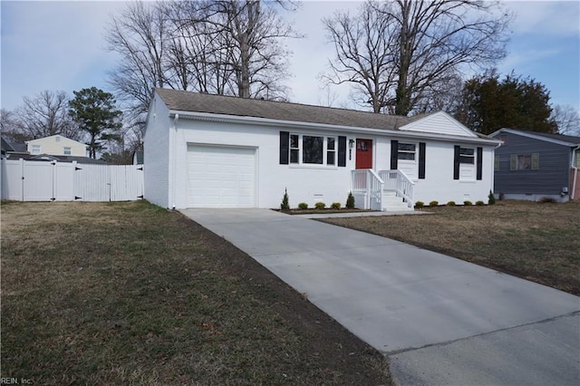 ranch-style house with concrete driveway, a front yard, a gate, fence, and a garage