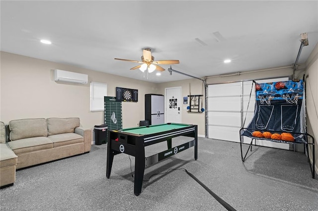 game room with a garage, speckled floor, a wall mounted AC, and billiards