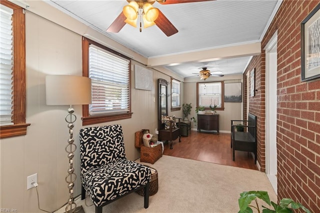 living area featuring crown molding, a wood stove, carpet flooring, brick wall, and wood finished floors