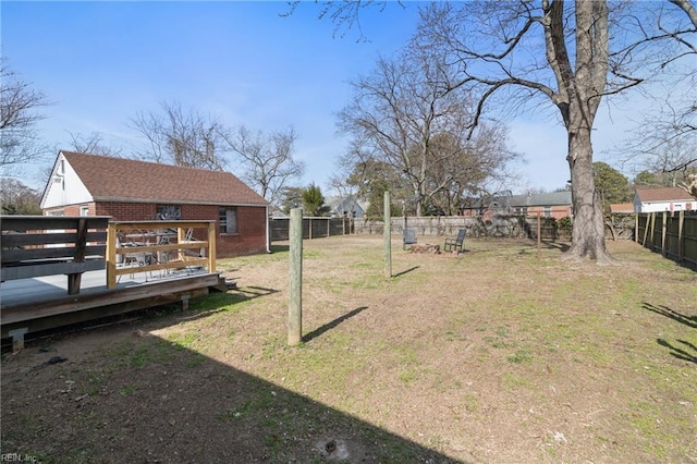 view of yard with a fenced backyard and a deck