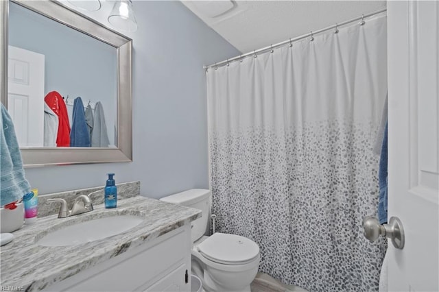 full bathroom with a shower with curtain, vanity, and toilet