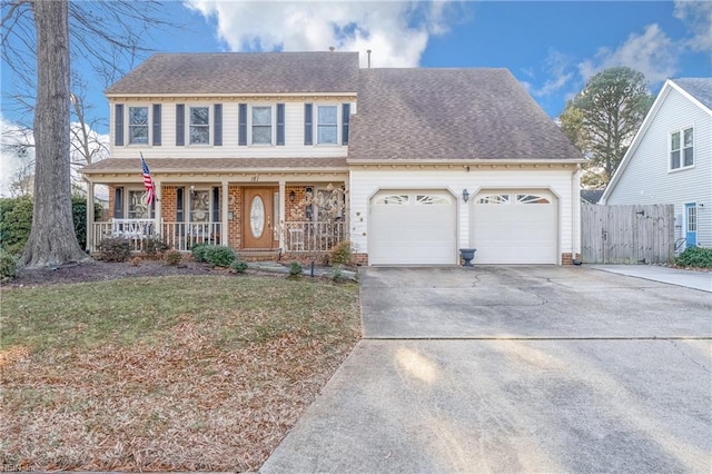 view of front of home with a garage, a shingled roof, concrete driveway, covered porch, and brick siding