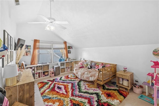 bedroom with carpet floors, ceiling fan, visible vents, and vaulted ceiling