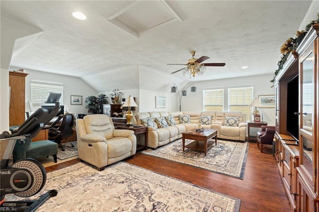 living area with a healthy amount of sunlight, attic access, wood finished floors, and recessed lighting