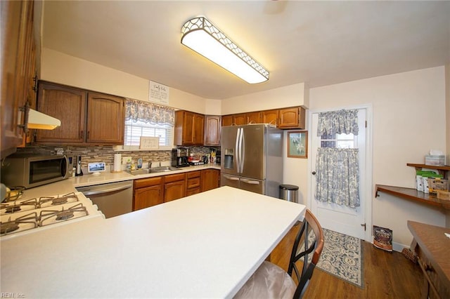 kitchen featuring tasteful backsplash, a peninsula, stainless steel appliances, light countertops, and a sink