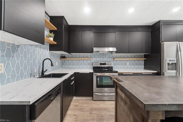 kitchen featuring stainless steel appliances, dark cabinetry, under cabinet range hood, open shelves, and a sink