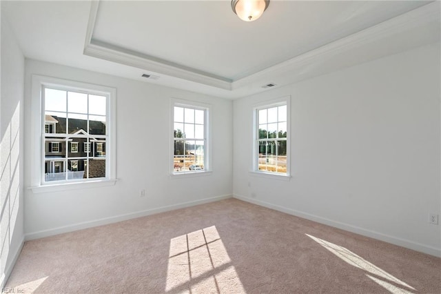 carpeted empty room with a raised ceiling, visible vents, and baseboards