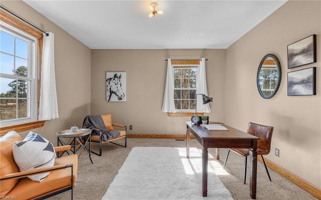 carpeted office featuring baseboards