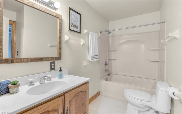 bathroom with  shower combination, vanity, toilet, and tile patterned floors