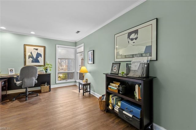 office featuring crown molding, recessed lighting, visible vents, wood finished floors, and baseboards