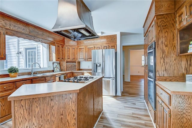 kitchen with stainless steel appliances, extractor fan, a sink, and a healthy amount of sunlight