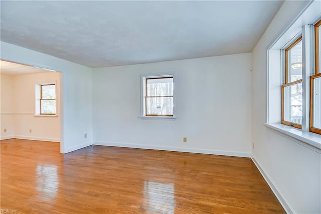 empty room featuring baseboards, a wealth of natural light, and wood finished floors