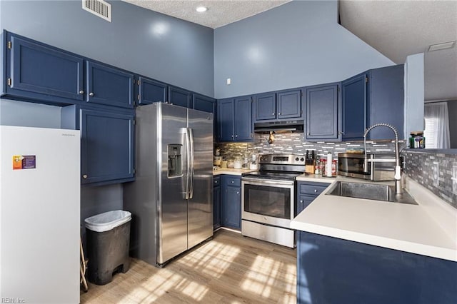 kitchen with visible vents, appliances with stainless steel finishes, blue cabinets, under cabinet range hood, and a sink