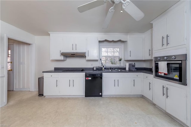 kitchen featuring under cabinet range hood, white cabinetry, black appliances, and dark countertops