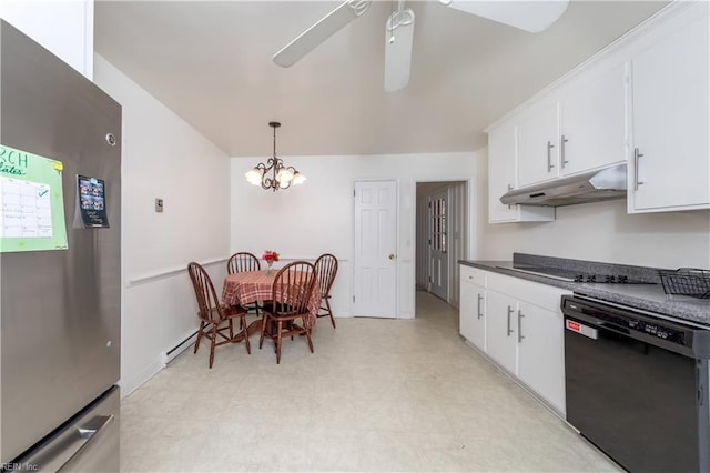 kitchen with black appliances, ceiling fan with notable chandelier, under cabinet range hood, white cabinets, and hanging light fixtures