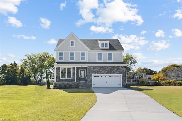 craftsman house featuring board and batten siding, an attached garage, driveway, and a front lawn